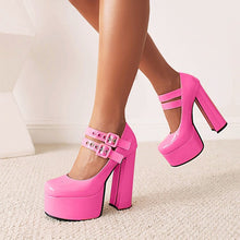 Load image into Gallery viewer, Women's Round Toe Chunky Platform High Heels | Buckle Dress Pumps
