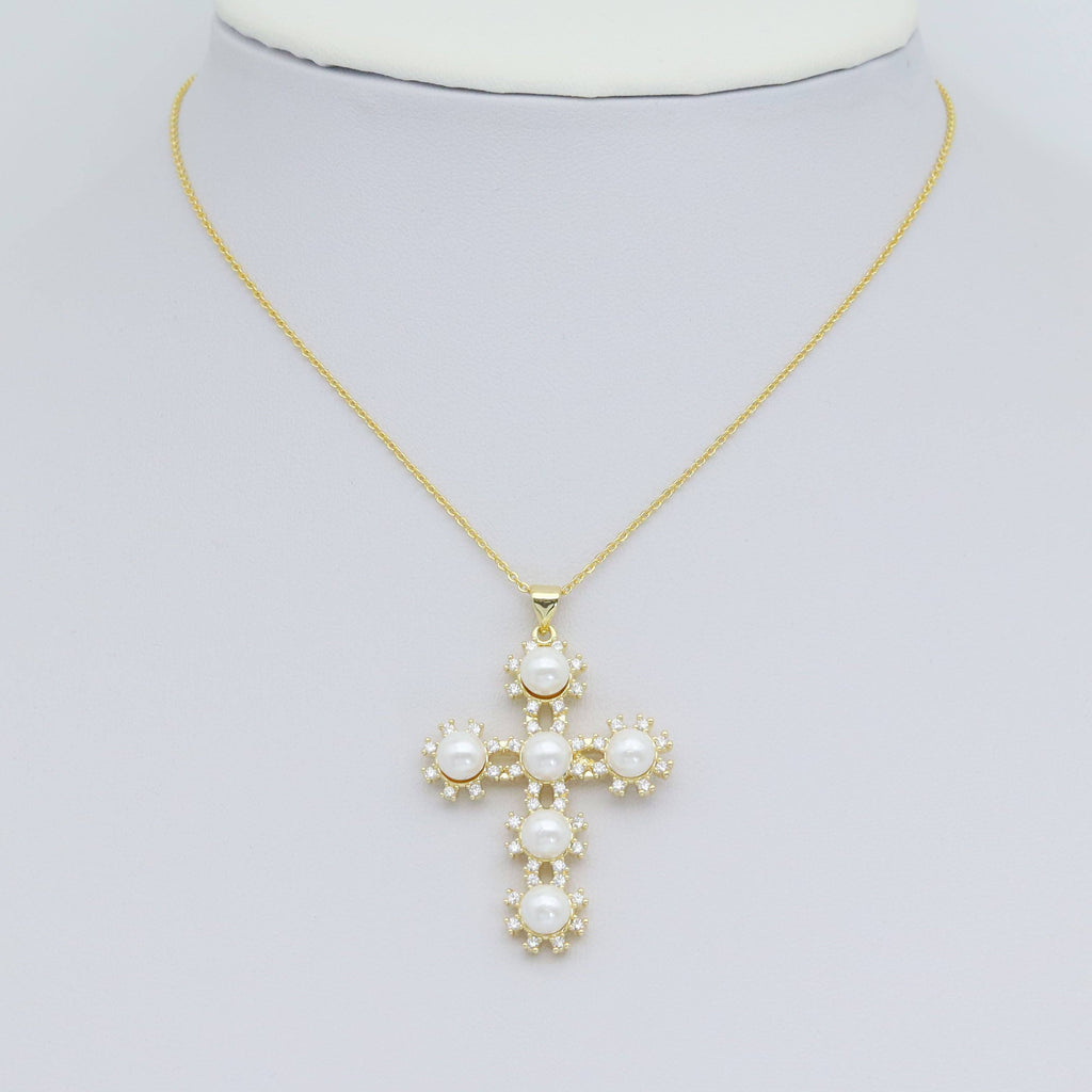 Gold White Pearl Flower Cross Charm Pendant, Sku#LX696