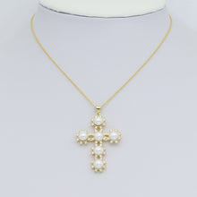 Load image into Gallery viewer, Gold White Pearl Flower Cross Charm Pendant, Sku#LX696