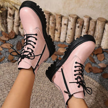 Load image into Gallery viewer, Women's Lace-Up Ankle Combat Boots | Low Heel PU Leather | Khaki Pink Brown