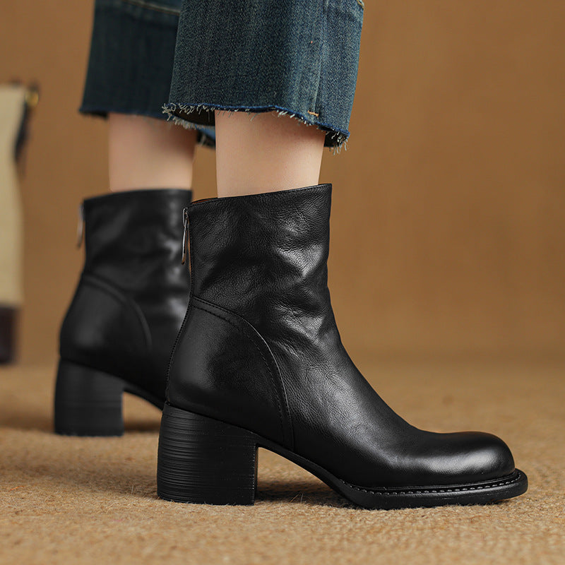 Women's Retro Pointed-Toe Ankle Boots | Chunky Heel Back Zipper Sheepskin