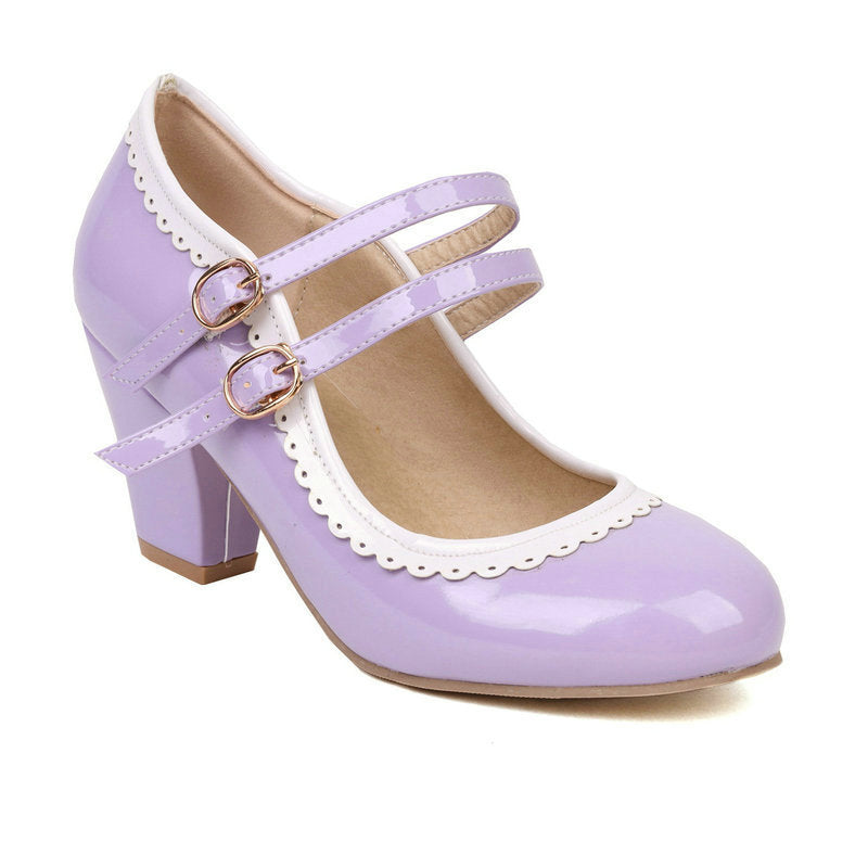 Women's Patent Leather Chunky Heel Mules – Candy Color Round Toe Buckle High Heels