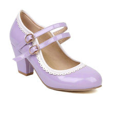 Load image into Gallery viewer, Women's Patent Leather Chunky Heel Mules – Candy Color Round Toe Buckle High Heels