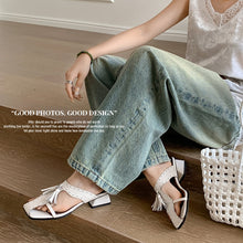 Load image into Gallery viewer, Women's Tassel Slide Sandals | Square Toe Block Heel Cowhide Mules