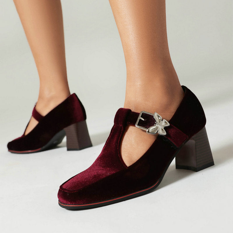 Women's Suede Chunky Heel Pumps – Square Toe Buckle Block Heels | Black, Wine Red, Green
