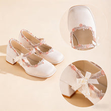 Load image into Gallery viewer, Women's Oriental Jacquard Satin Mary Jane Heels | Embroidered Lace Pearl Square Toe