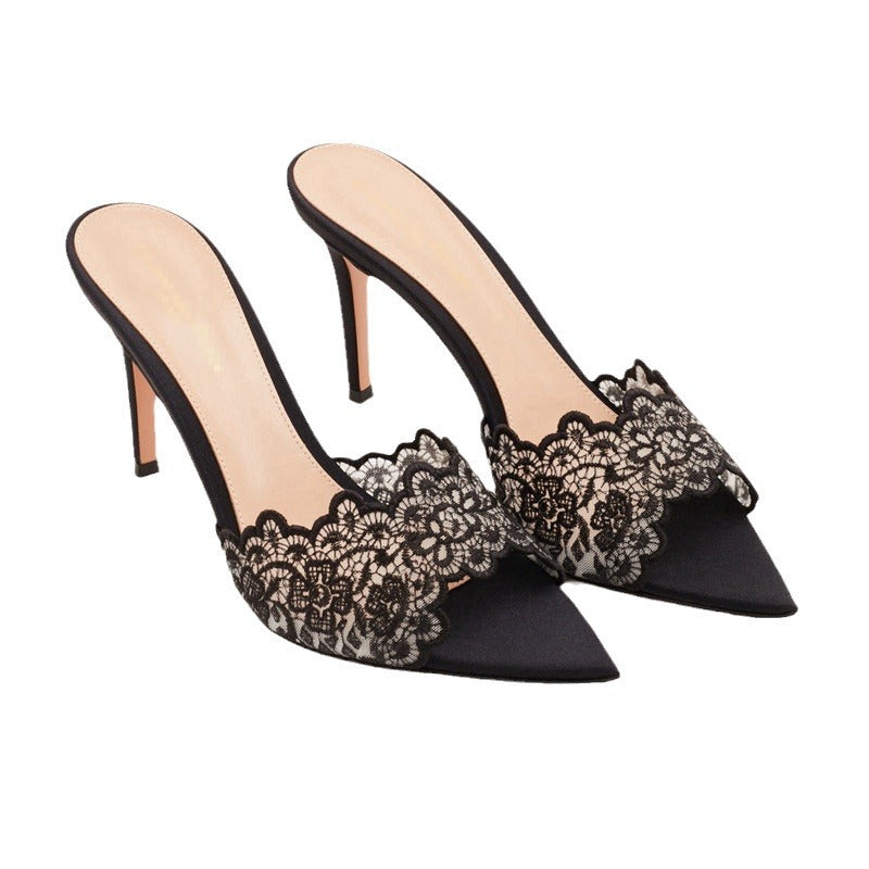 Pointed-Toe Stiletto Heel Lace Mules