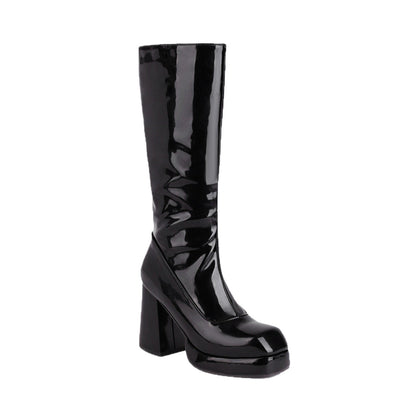 Women's Chunky Heel Mid-Calf Boots | Square Toe Side Zipper High Heel Boots