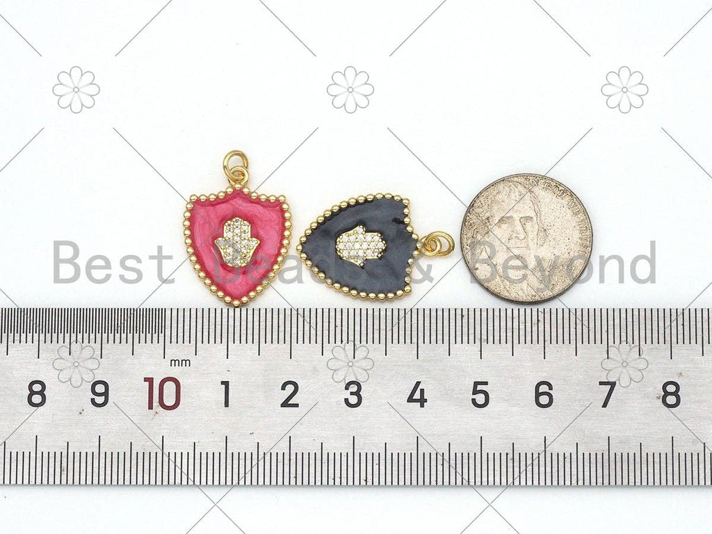 Micro Pave CZ Hamsa Hand On Colorful Enamel Shield Shape Pendant, 18K Gold Filled Enamel CZ Pendant,Enamel Jewelry, 24x18mm,Sku#L589