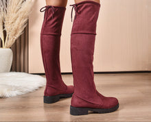 Load image into Gallery viewer, Women's Burgundy Suede Lace-Up Knee High Boots | Chunky Heel Side Zip