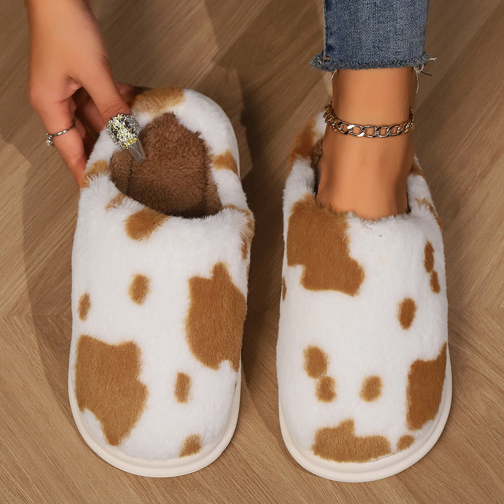 Cow Print Plush Slippers – Unisex Winter Slippers