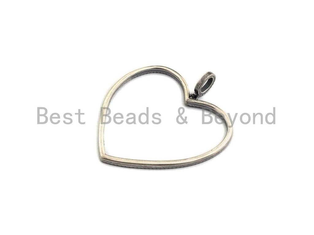 Rhidium CZ Micro Pave Large Hollow out Heart Pendant, Oxidized Silver Pave Pendant, Antique Silver Fashion Jewelry Findings, 43mm, sku#X118