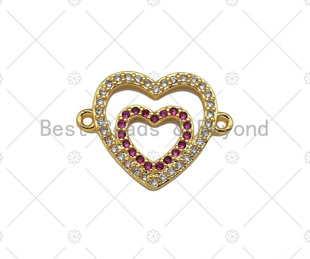 Gold Filled Fuchsia CZ Heart with Clear CZ Heart Shape Connector,18K Gold Filled Heart Charm, Necklace Bracelet Pendant,17x23mm,Sku#LK367
