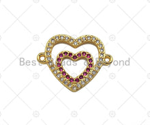 Load image into Gallery viewer, Gold Filled Fuchsia CZ Heart with Clear CZ Heart Shape Connector,18K Gold Filled Heart Charm, Necklace Bracelet Pendant,17x23mm,Sku#LK367