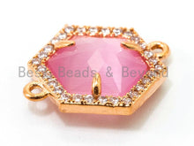 Load image into Gallery viewer, Hexagon Bezel Connector with Faceted Cat's Eye Stone, Gold Plated CZ Micro Pave Frame Connector, Topaz/Blue/White/Pink 14x18mm, sku#A79