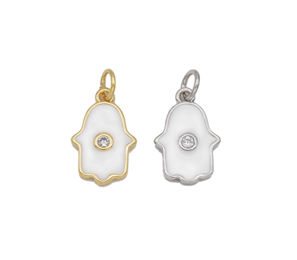 White Enamel Hamsa Hand Shape Pendant,CZ Micro Pave pendant,Enamel pendant,Enamel Jewelry, 8x13mm,sku#LD01