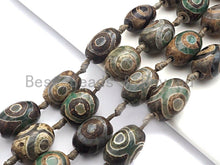 Load image into Gallery viewer, 1pc/12pc Tibetan Barrel Agate Beads, Green Brown EYE Dzi Drum beads, Tibetan Eye Agate Beads, 15x20mm, sku#U530C