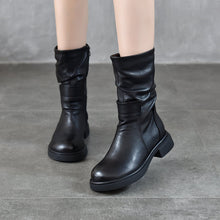 Load image into Gallery viewer, Women's Round Toe Genuine Leather Mid-Calf Boots | Chunky Heel Side Zipper