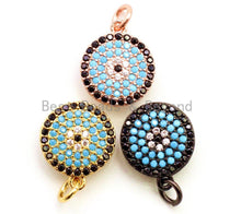 Load image into Gallery viewer, CZ Micro Pave 13mm Turquoise Evil Eye Round Coin Charm, Cubic Zirconia Pendant, CZ Dangle Charms, Silver/Rose Gold/Gold/Black Tone, sku#F34