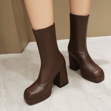 Load image into Gallery viewer, Women's Square Toe Chunky Heel Slip-On Ankle Boots | Block Heel Booties