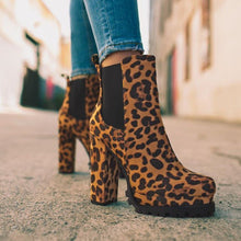 Load image into Gallery viewer, Women's Round-Toe Ankle Boots | Suede Leopard Print Square Thick High Heel