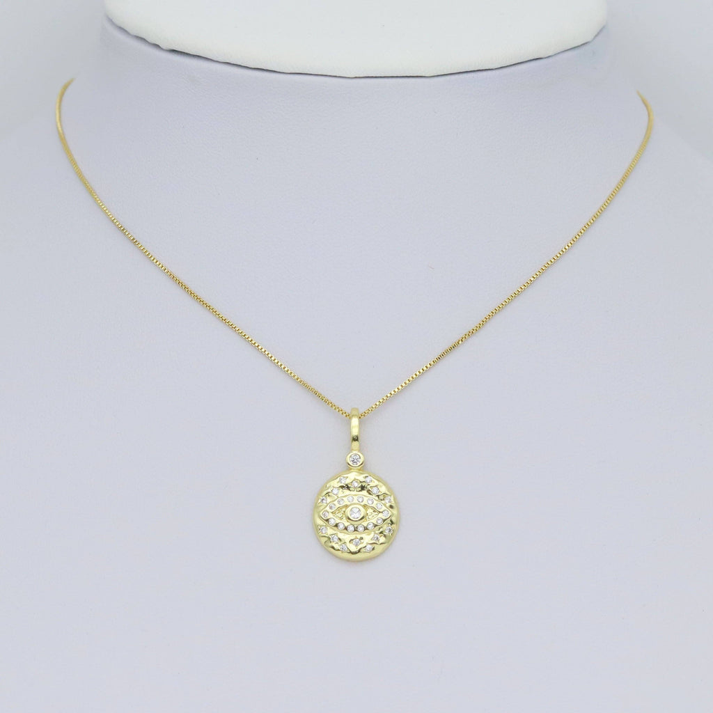 Hammered CZ Pave Evil Eye Coin Charm Pendant, Sku#LX575