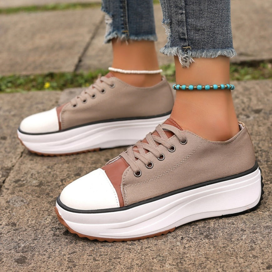 Women's Low-Top Thick-Sole Canvas Sneakers – Lace-Up Platform Casual Shoes
