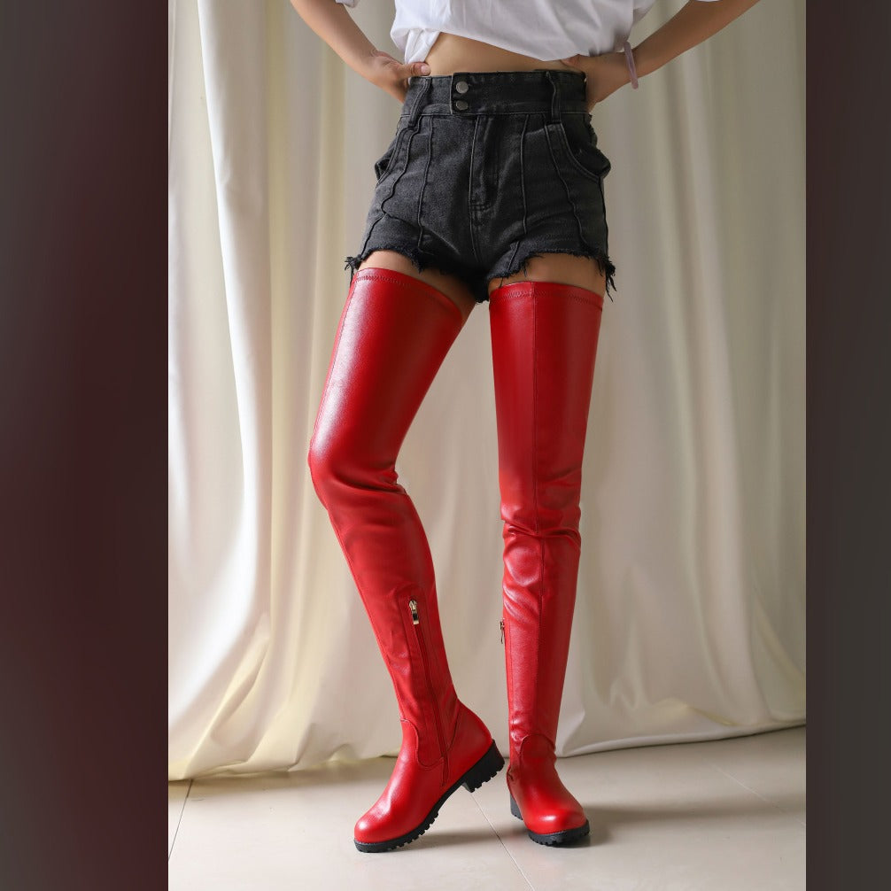 Plus-Size Women's Over-the-Knee Chunky Heel Boots - Round Toe Side Zipper