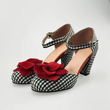 Load image into Gallery viewer, Women's Red Camellia Lattice Hollow Sandals - Round Toe Single Strap Buckle Heels
