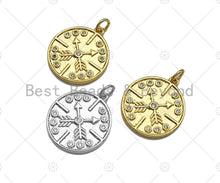 Load image into Gallery viewer, CZ Micro Pave Cross Arrows On Round Coin Pendant/Charm,Cubic Zirconia Charm, Necklace Bracelet Charm Pendant,18x20mm, Sku#L413