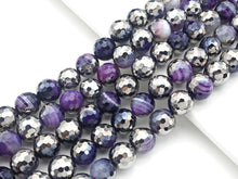 Load image into Gallery viewer, Half Silver Plated Natural Purple Banded Agate Round Faceted Beads, Sku#UA129