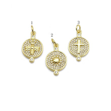 Load image into Gallery viewer, Clear CZ Gold Sun Cross Bee On Round Coin Charm, Sku#LX252