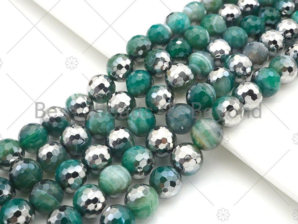 Natural Half Silver Plated Green Agate Beads, 8mm/10mm/12mm Round Faceted Blue Agate Beads, 15.5 Full Strand, sku# UA125