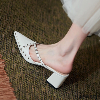 Women's Chunky Block Heel Pointed Toe Studded Slip-On Shoes | PU Leather Korean Style Heels