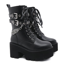 Load image into Gallery viewer, Women's Chunky Heel Platform Boots Side Zip Rivet Belt Buckle Mid-Calf Boots