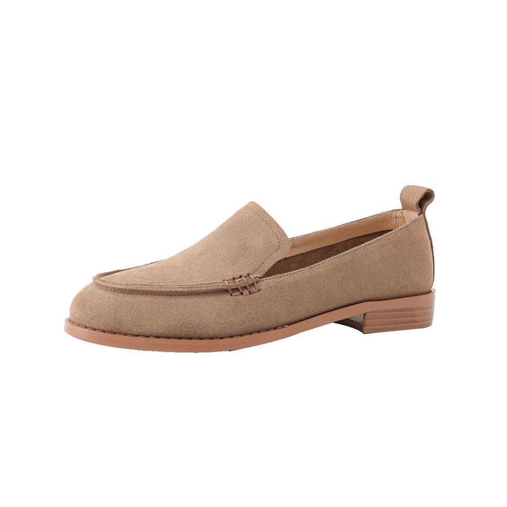Women's Slip-On Suede Flats | Chunky Low Heel Round Toe Shoes | Army Green & Apricot
