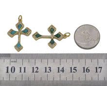 Load image into Gallery viewer, Gold CZ Turquoise/Malachite Cross Charm, Sku#L698