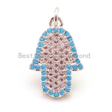 Load image into Gallery viewer, CZ Micro Pave Turquoise Hamsa Hand Bracelet Charm, Cubic Zirconia Charm,12x21mm, sku#F19