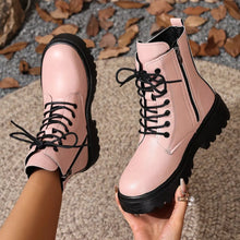 Load image into Gallery viewer, Women's Lace-Up Ankle Combat Boots | Low Heel PU Leather | Khaki Pink Brown