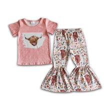 Load image into Gallery viewer, Highland cow print shirt bell bottom pants girls spring clothing