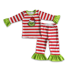 Load image into Gallery viewer, Red stripe green face girls Christmas pajamas
