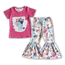 Load image into Gallery viewer, Pink bleached shirt cute dog bell bottom pants baby girls clothes