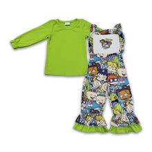 Load image into Gallery viewer, Green cotton top screen print overalls boutique girls clothing