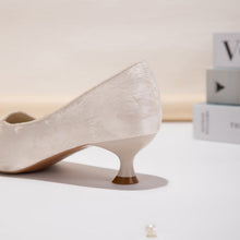 Load image into Gallery viewer, Women's Jacquard Pointed-Toe Kitten Heel Pumps | Floral Pearl Satin Dress Shoes