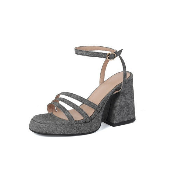 Women's Denim Strap Chunky Heel Sandals | Round Toe Block Heel | Light Blue, Dark Blue & Gray