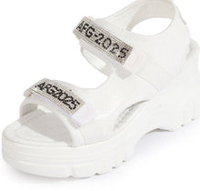 Load image into Gallery viewer, Women's Rhinestone Lettered Wedge Heel Sandals – Velcro Casual Platform Sandals in White &amp; Black
