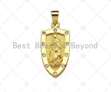 Load image into Gallery viewer, CZ Micro Pave Embossed Jesus/Virgin Mary On Shield Shape Pendant, 18K Gold Religion Charm, Necklace Bracelet Charm Pendant,12x24mm,Sku#LK308