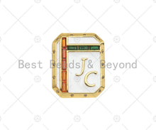 Load image into Gallery viewer, 18K Dainty Gold White Enamel JC On Rectangle Pendant, Red Green Cubic Zirconia Gold Enamel Findings, 20x25mm,Sku#L542