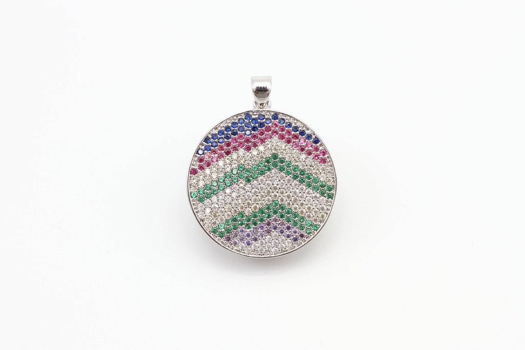 CZ Micro Pave Mixed Color Zigzag Round Disc Pendant, Cubic Zirconia Necklace Pendant, 25x31mm, sku#F3