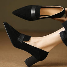 Load image into Gallery viewer, Women's Pointed-Toe Chunky Heel Loafers | Suede Slip-On Work Heels
